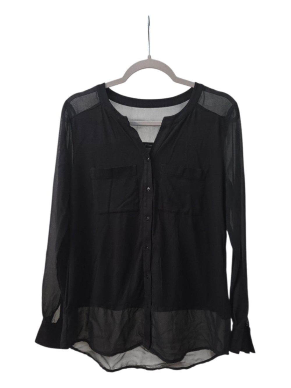 Ann Taylor Black Sheer Button Front Blouse Split V-Neck Long Sleeve